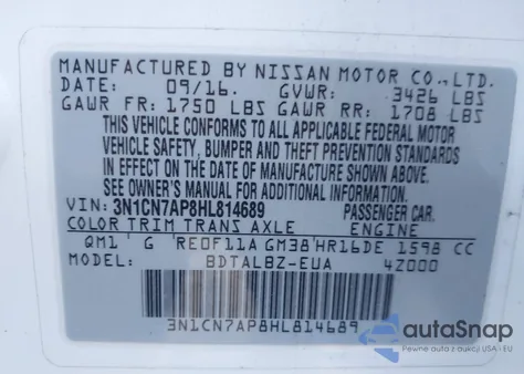 2017 Nissan Versa 1.6 S/1.6 S+/1.6 Sl/1.6 Sv из США, поврежденный, VIN 3N1CN7AP8HL814689